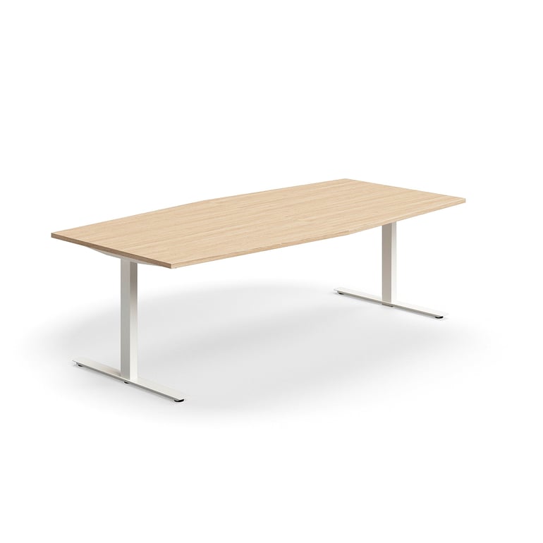 Levně Jednací stůl QBUS, T-nohy, 2400x1200 mm, tvar člunu, bílá podnož, dub