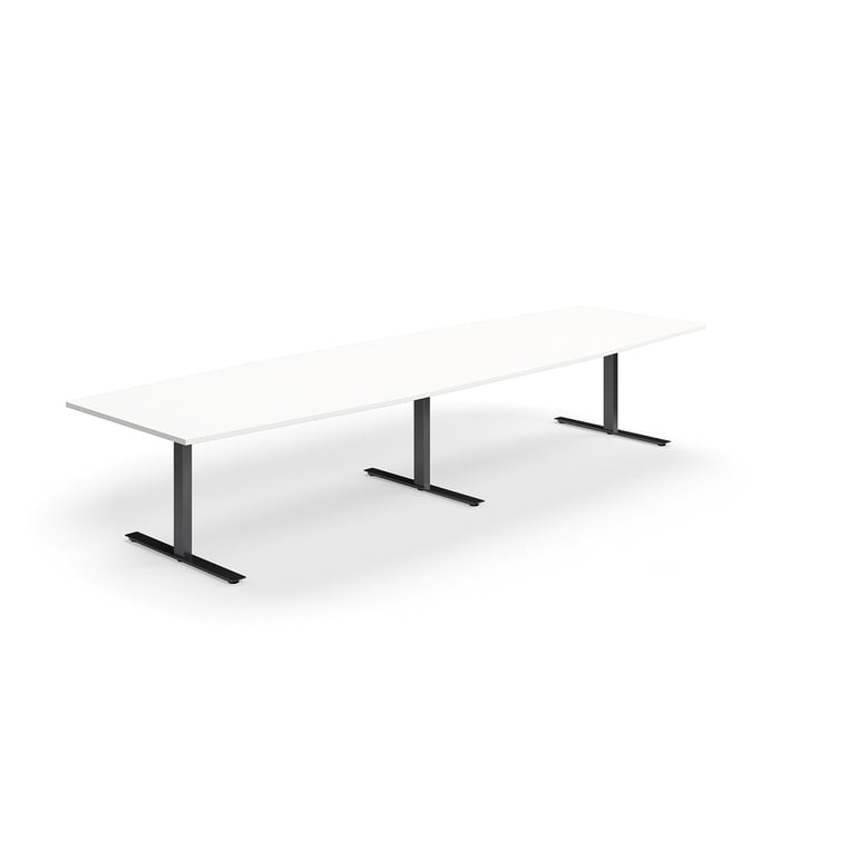 Levně Jednací stůl QBUS, T-nohy, 4000x1200 mm, tvar člunu, černá podnož, bílá