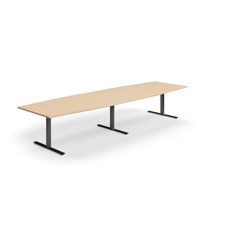 Levně Jednací stůl QBUS, T-nohy, 4000x1200 mm, tvar člunu, černá podnož, dub