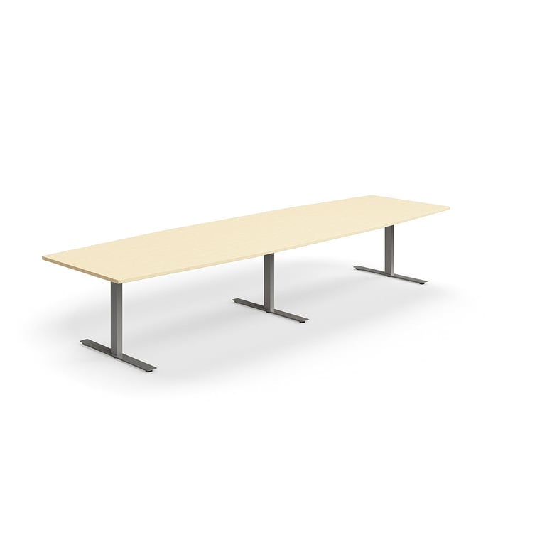Levně Jednací stůl QBUS, T-nohy, 4000x1200 mm, tvar člunu, stříbrná podnož, bříza