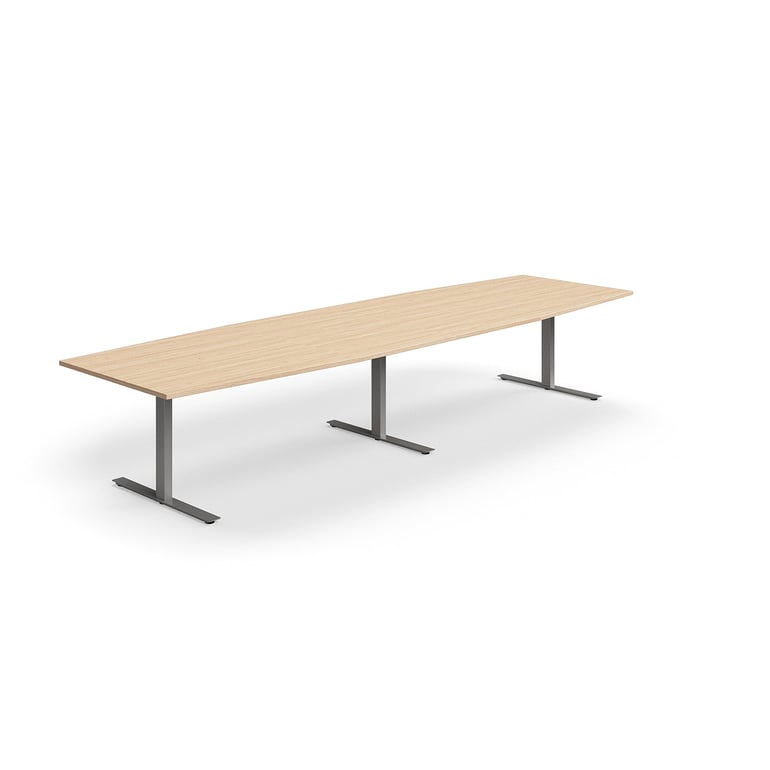Levně Jednací stůl QBUS, T-nohy, 4000x1200 mm, tvar člunu, stříbrná podnož, dub