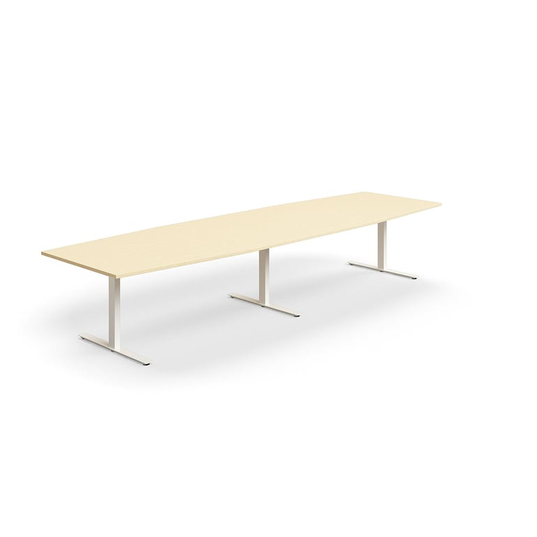 Levně Jednací stůl QBUS, T-nohy, 4000x1200 mm, tvar člunu, bílá podnož, bříza