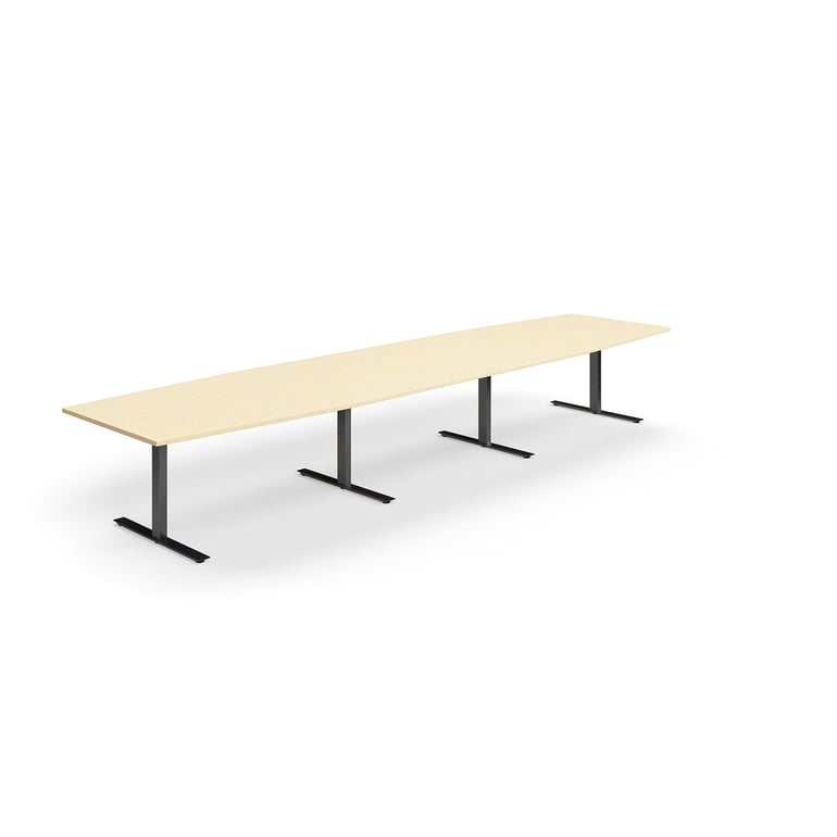 Levně Jednací stůl QBUS, T-nohy, 4800x1200 mm, tvar člunu, černá podnož, bříza