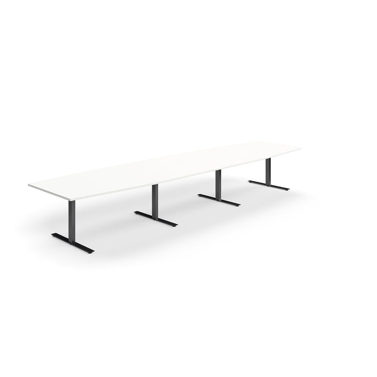 Levně Jednací stůl QBUS, T-nohy, 4800x1200 mm, tvar člunu, černá podnož, bílá