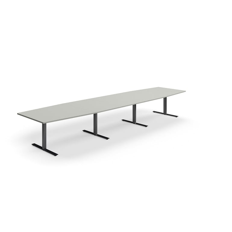 Levně Jednací stůl QBUS, T-nohy, 4800x1200 mm, tvar člunu, černá podnož, světle šedá
