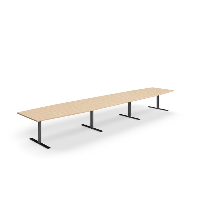 Levně Jednací stůl QBUS, T-nohy, 5600x1200 mm, tvar člunu, černá podnož, dub