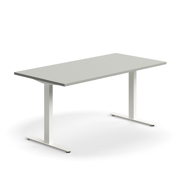 Levně Psací stůl QBUS, T-nohy, 1600x800 mm, bílá podnož, světle šedá