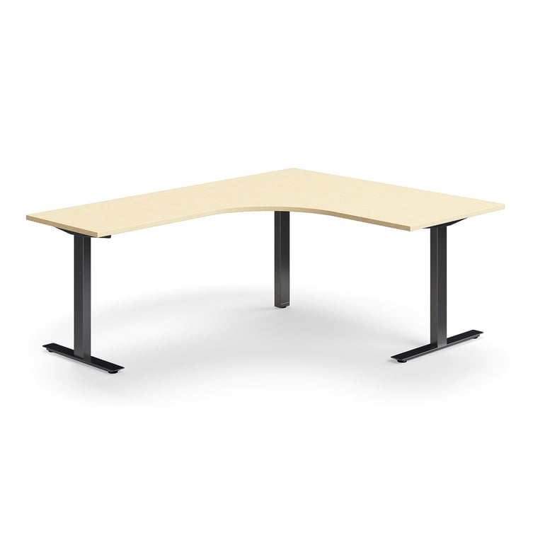 Levně Rohový psací stůl QBUS, T-nohy, 1600x2000 mm, černá podnož, bříza