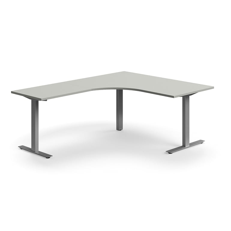 Levně Rohový psací stůl QBUS, T-nohy, 1600x2000 mm, stříbrná podnož, světle šedá