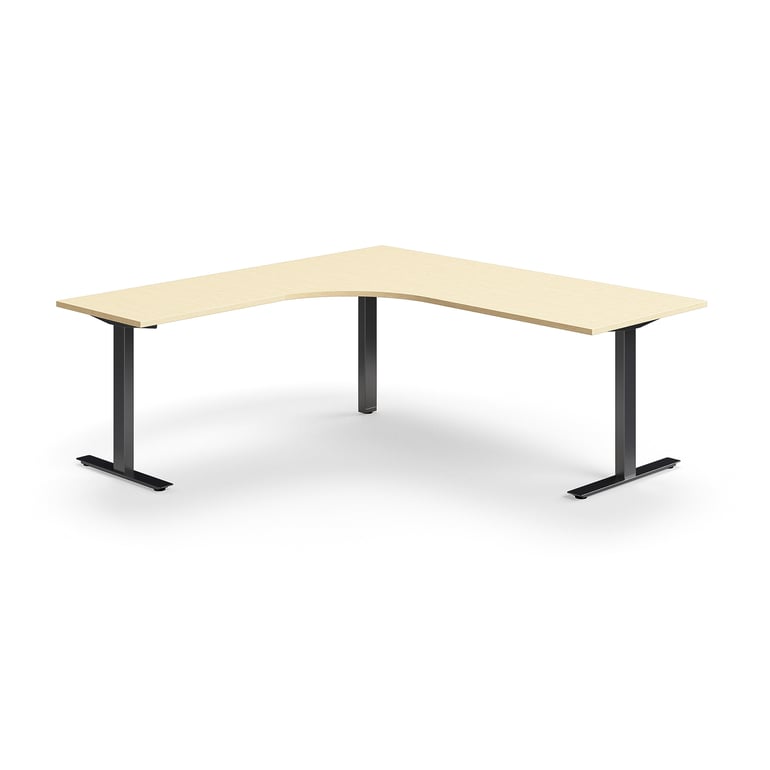 Levně Rohový psací stůl QBUS, T-nohy, 2000x2000 mm, černá podnož, bříza