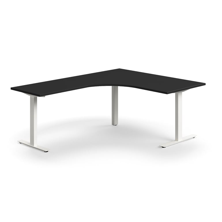Levně Rohový psací stůl QBUS, T-nohy, 1600x2000 mm, bílá podnož, černá