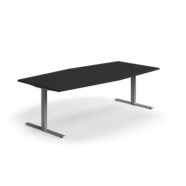 Levně Jednací stůl QBUS, T-nohy, 2400x1200 mm, tvar člunu, stříbrná podnož, černá