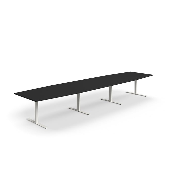 Levně Jednací stůl QBUS, T-nohy, 4800x1200 mm, tvar člunu, bílá podnož, černá