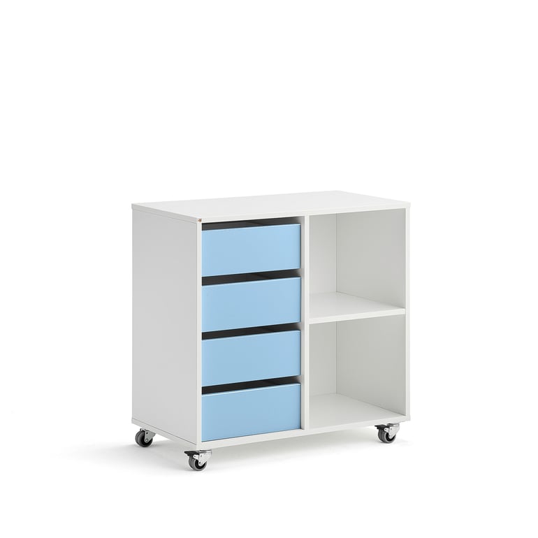 Levně Skříňka CASPER, 4 zásuvky, 2 přihrádky, bílá, blankytně modrá