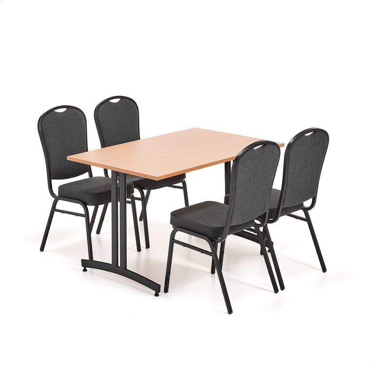Levně Jídelní set SANNA + HARTFORD, 1 stůl 1200x800 mm, buk, 4 židle, černá/černý textilní potah