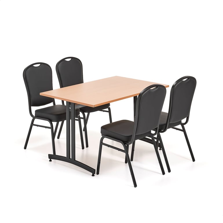 Levně Jídelní set SANNA + HARTFORD, 1 stůl 1200x800 mm, buk, 4 židle, černá/černá syntetická kůže
