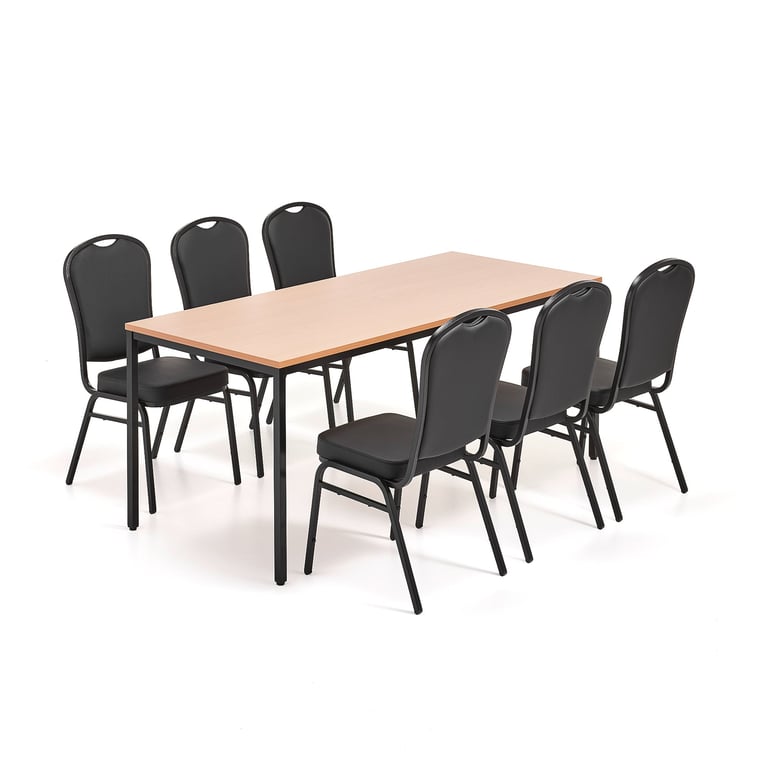 Levně Jídelní set JAMIE + HARTFORD, 1 stůl 1800x800 mm, buk, 6 židlí, černá/černá syntetická kůže