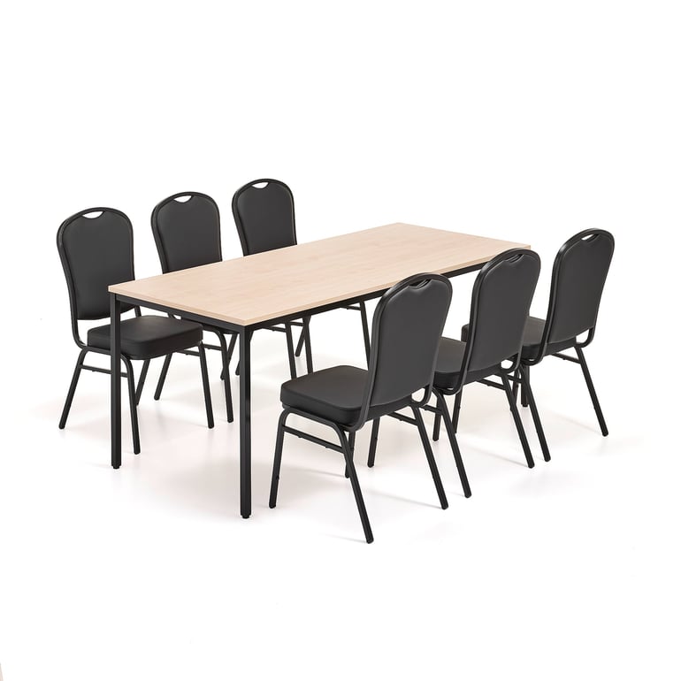 Levně Jídelní set JAMIE + HARTFORD, 1 stůl 1800x800 mm, bříza, 6 židlí, černá/černá syntetická kůže