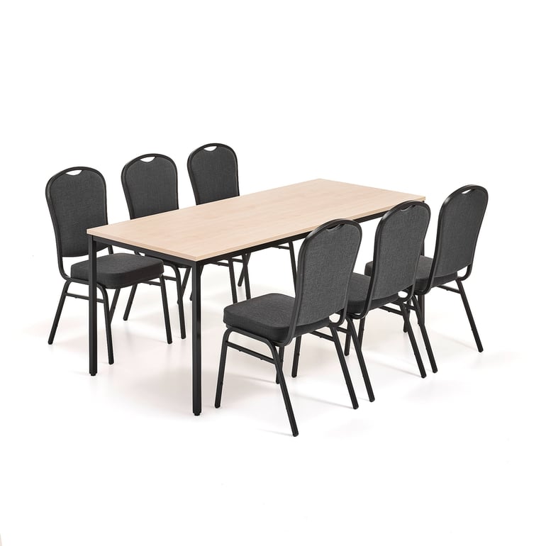 Levně Jídelní set JAMIE + HARTFORD, 1 stůl 1800x800 mm, bříza, 6 židlí, černá/černý textilní potah