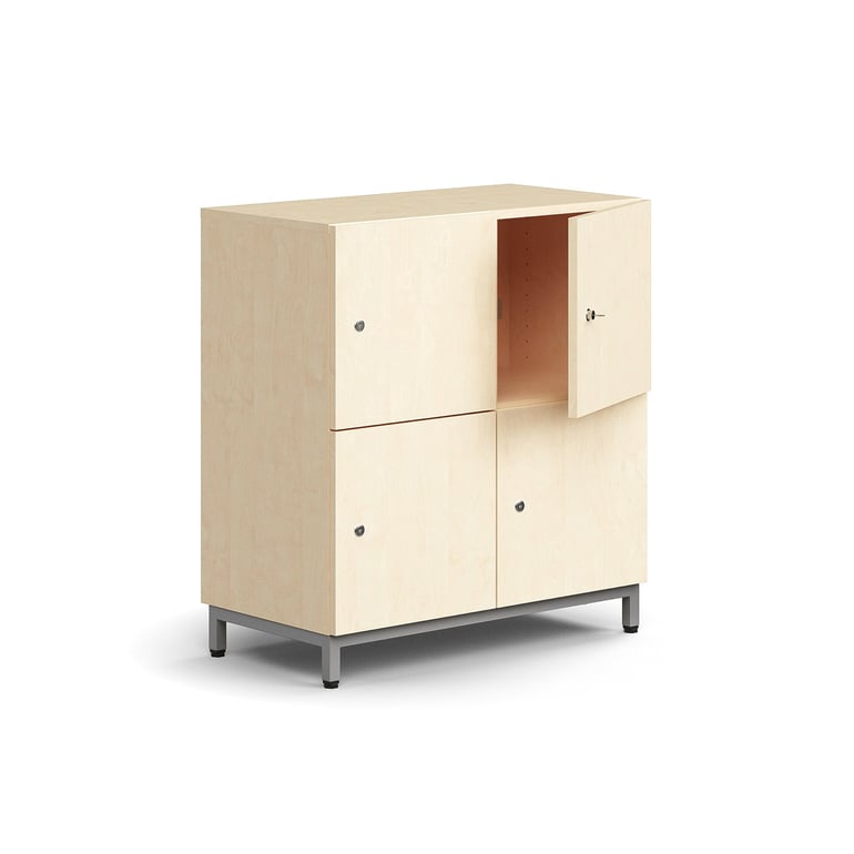 Levně Skříň QBUS, 4 uzamykatelné boxy, nohy, 868x800x420 mm, stříbrná, bříza