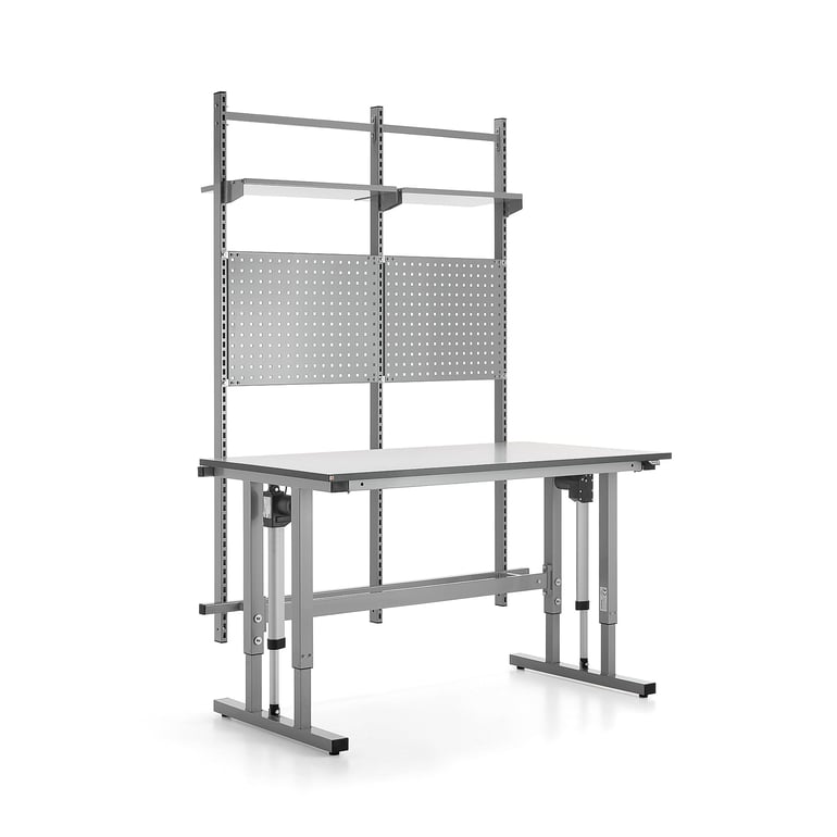 Levně Výškově nastavitelný pracovní stůl MOTION, 400 kg, 1500x800 mm, s panelem na nářadí a policemi