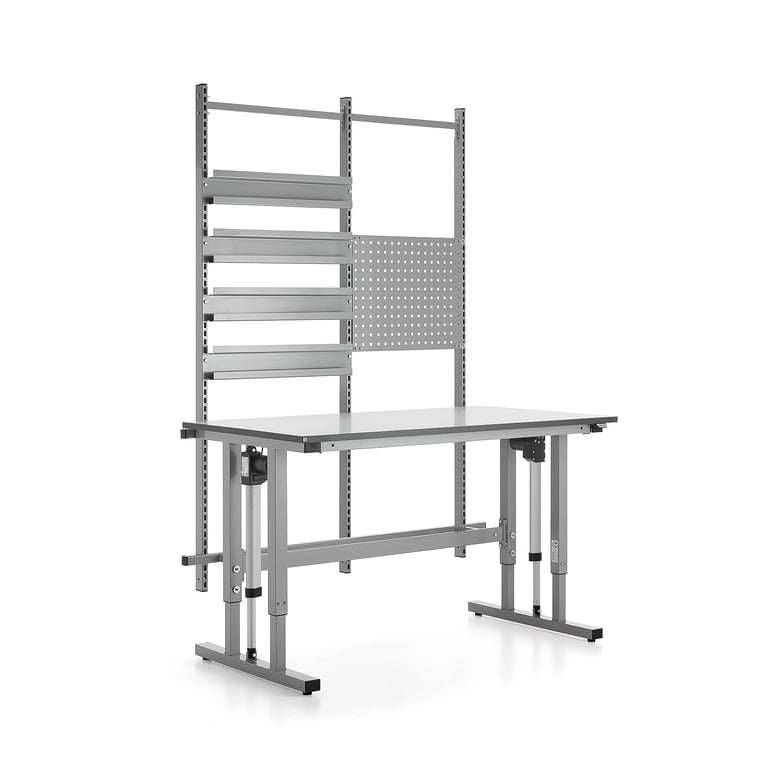 Levně Výškově nastavitelný pracovní stůl MOTION, 400 kg, 1500x800 mm, s panelem na nářadí a závěsnými lišt