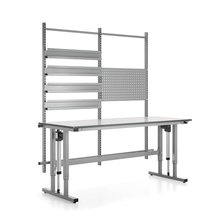 Levně Výškově nastavitelný pracovní stůl MOTION, 400 kg, 2000x800 mm, s panelem na nářadí a závěsnými lišt