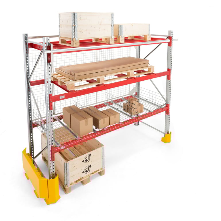 A multi-tiered metal shelving unit by AJ Products. racking shelving unit composed of vertical metal support beams, horizontal red metal beams connecting the supports, and wire mesh storage baskets or containers at several levels. Yellow plastic corner protectors are affixed to the base of the unit. The image is well-lit, and the background is pure white.