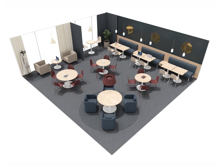 3D render of a cosy and relaxed canteen concept by AJ Products