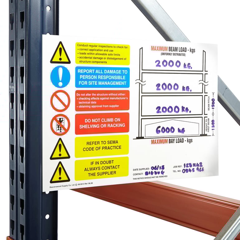 Pallet racking load chart, rigid plastic, 420x297x1.5 mm | AJ Products UK