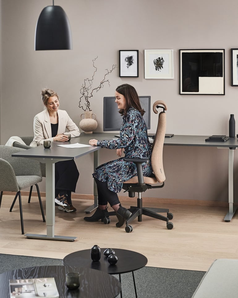  Two people in a meeting at a corner desk