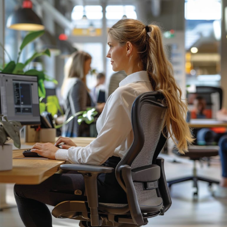 En kvinde med en lang hestehale sidder på en kontorstol ved et skrivebord og arbejder