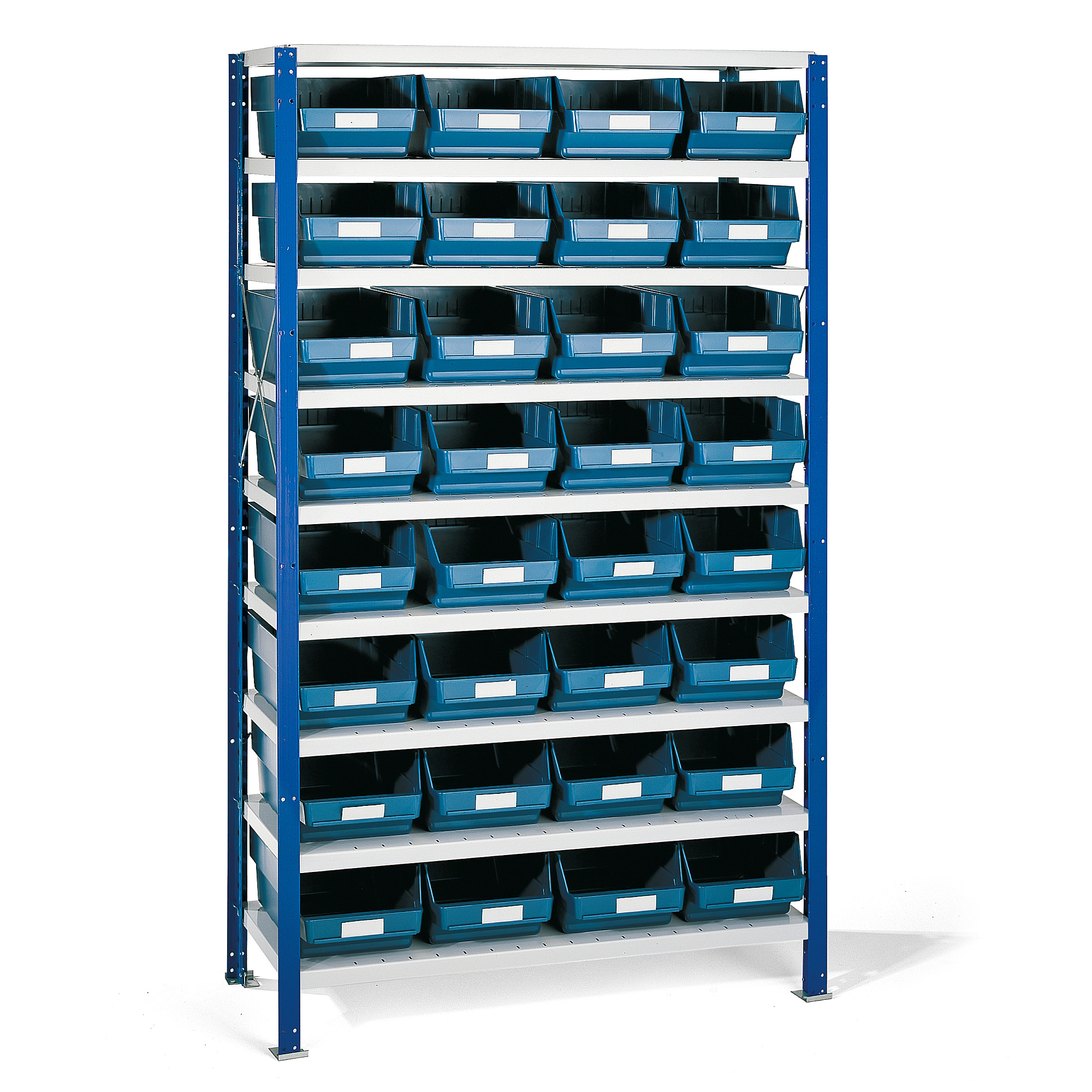 Regál MIX s 32 modrými plastovými boxami REACH, 1740x1000x500 mm