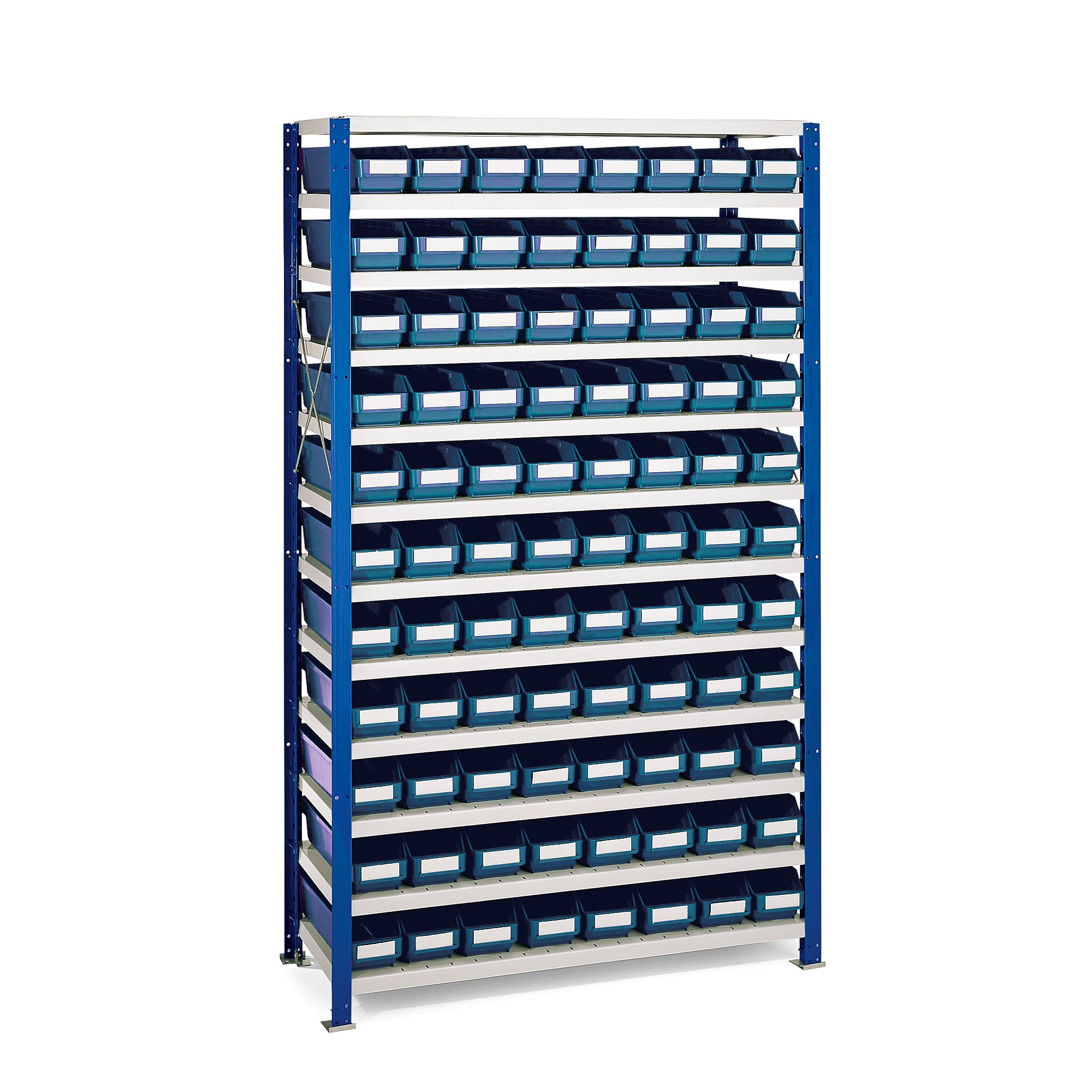 Levně Regál s plastovými boxy REACH + MIX, 1740x1000x400 mm, 88 modrých boxů