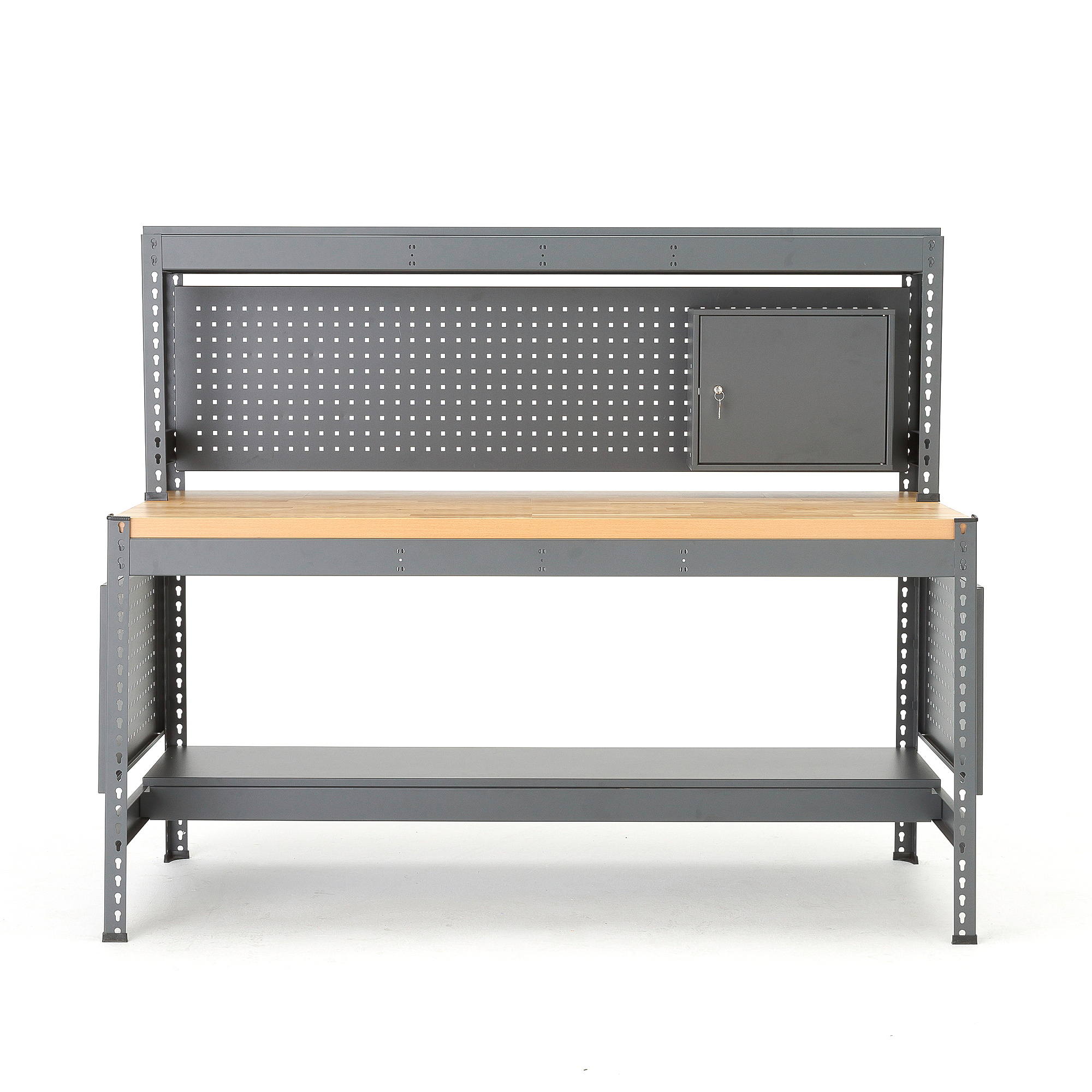 E-shop Dielenský stôl COMBO s vrchnou policou, panelom na náradie a skrinkou, dub