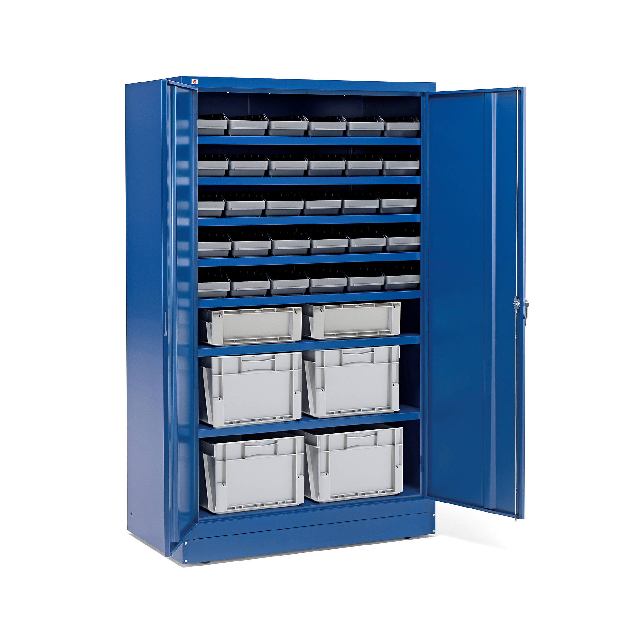 Levně Dílenská skříň SHIFT s 36 plastovými boxy, 1900x1150x635 mm, modrá