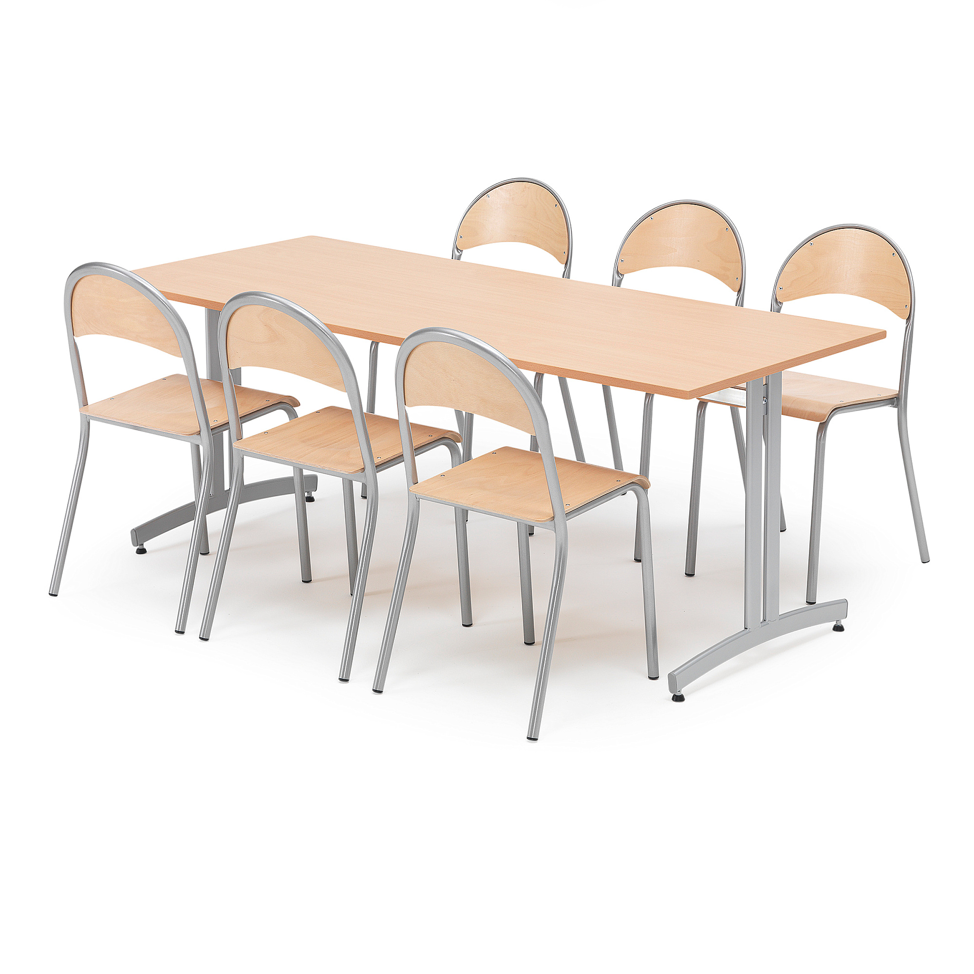 Jídelní sestava SANNA + TAMPA, stůl 1800x800 mm, buk + 6 židlí, buk/hliníkově šedá