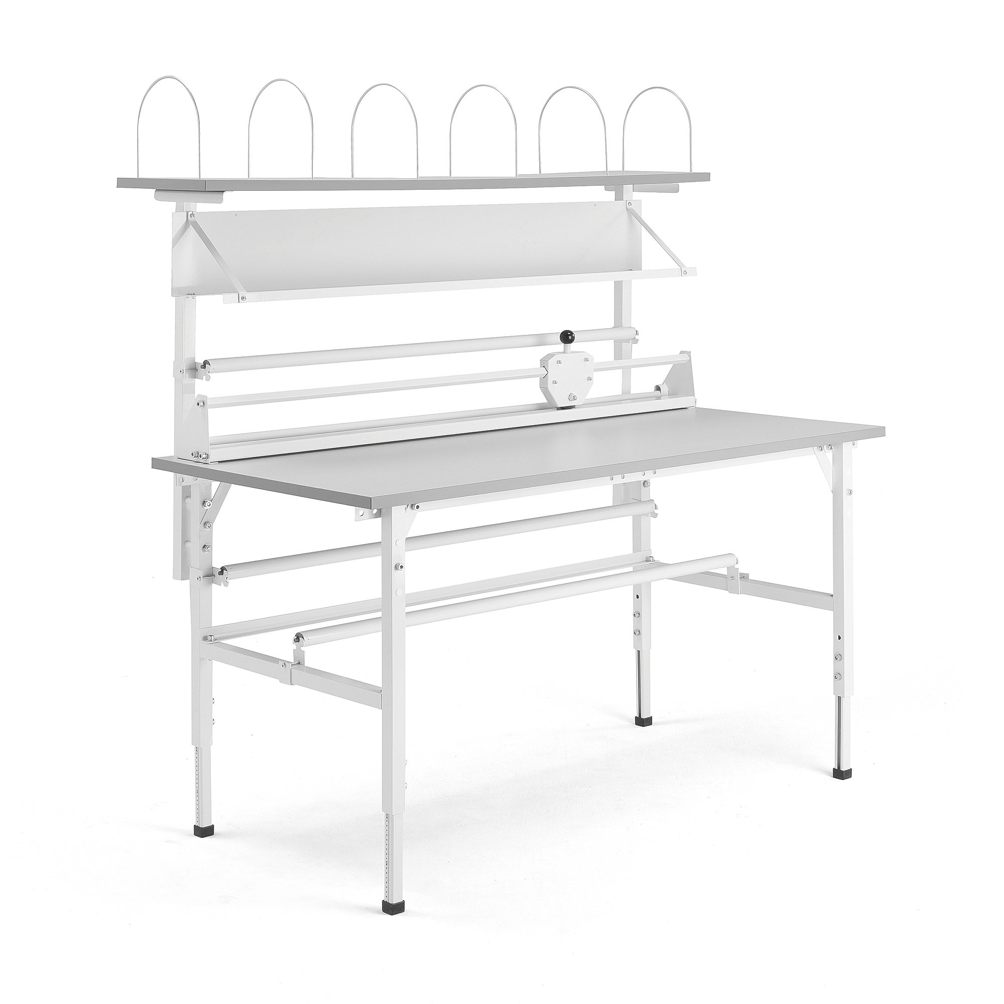 E-shop Dielenský baliaci stôl SEND, s policami, 1600x800 mm, šedý