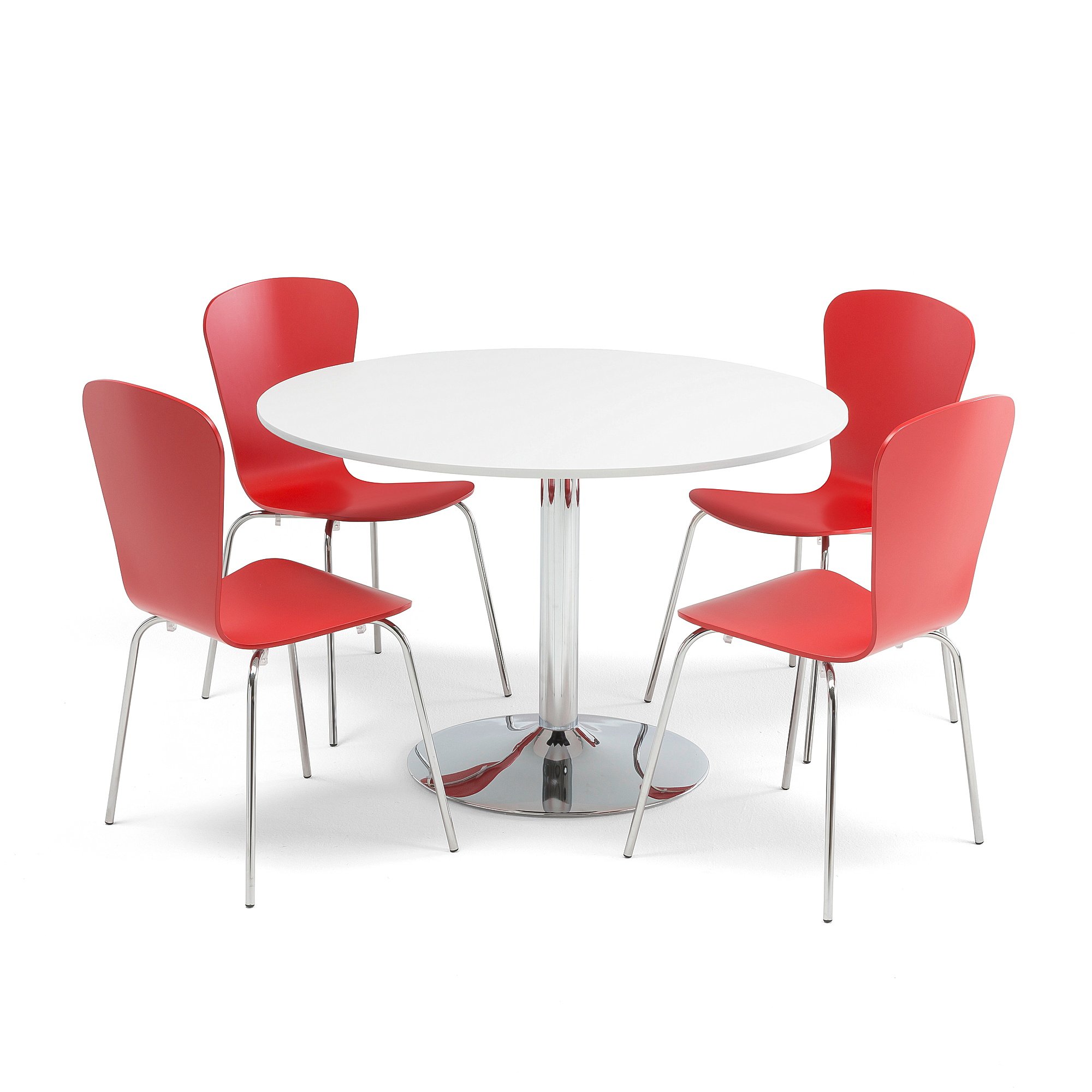 E-shop Jedálenská zostava: stôl Ø1100 mm, biely + 4 stoličky, červená