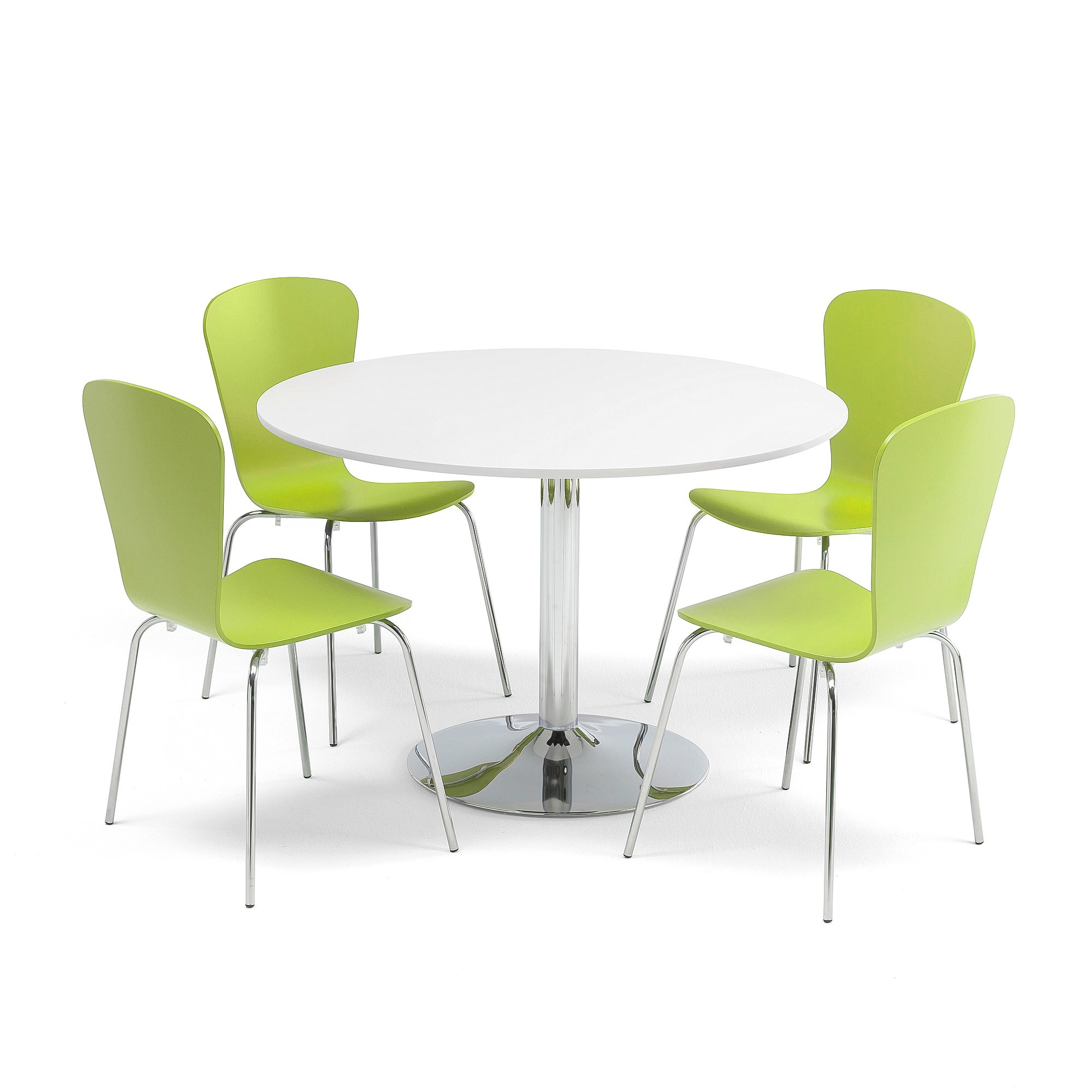 E-shop Jedálenská zostava: stôl Ø1100 mm, biely + 4 stoličky, zelená