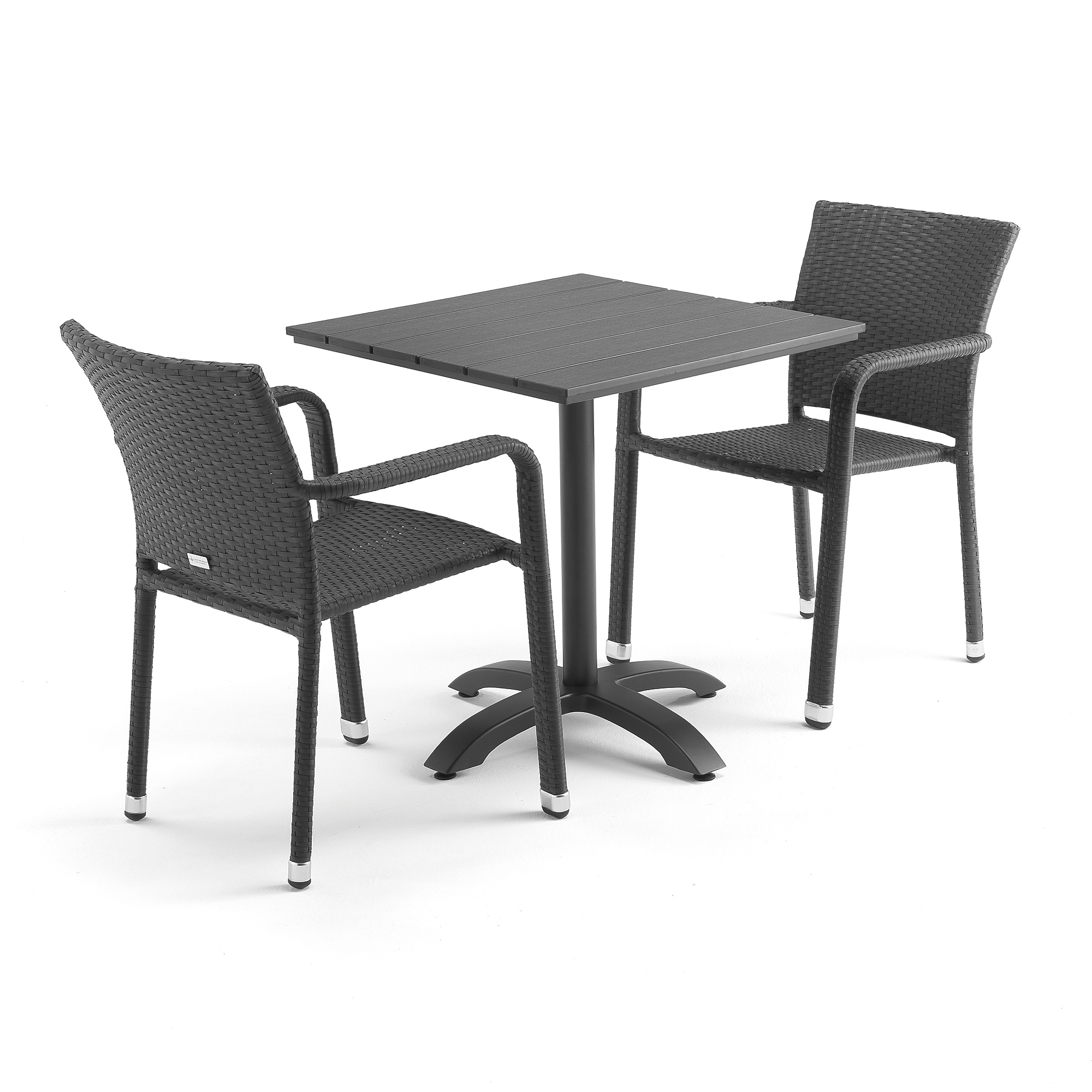 Zostava nábytku: Stôl Piazza + 2 ratanové stoličky Aston s opierkami rúk, šedé