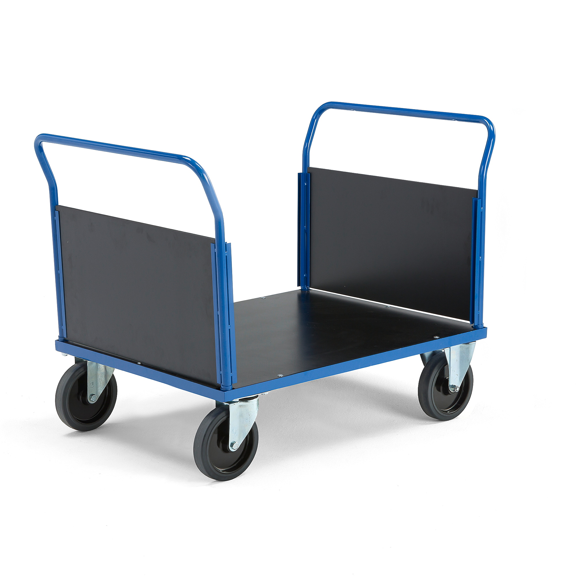 Plošinový vozík TRANSFER, 2 čelní dřevěné stěny, 1000x700 mm, gumová kola, bez brzd