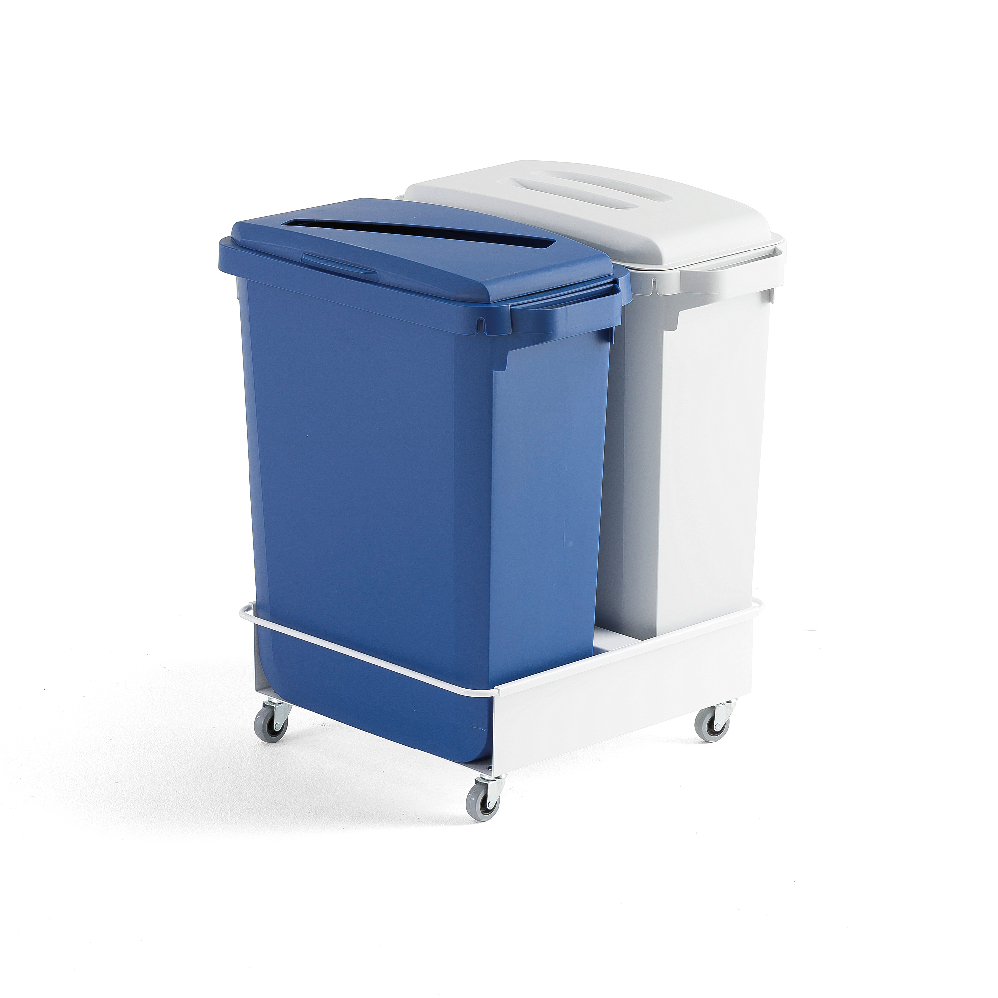 E-shop Odpadkové koše na triedenie odpadu, 2 x 60 L (šedá a modrá) + vozík