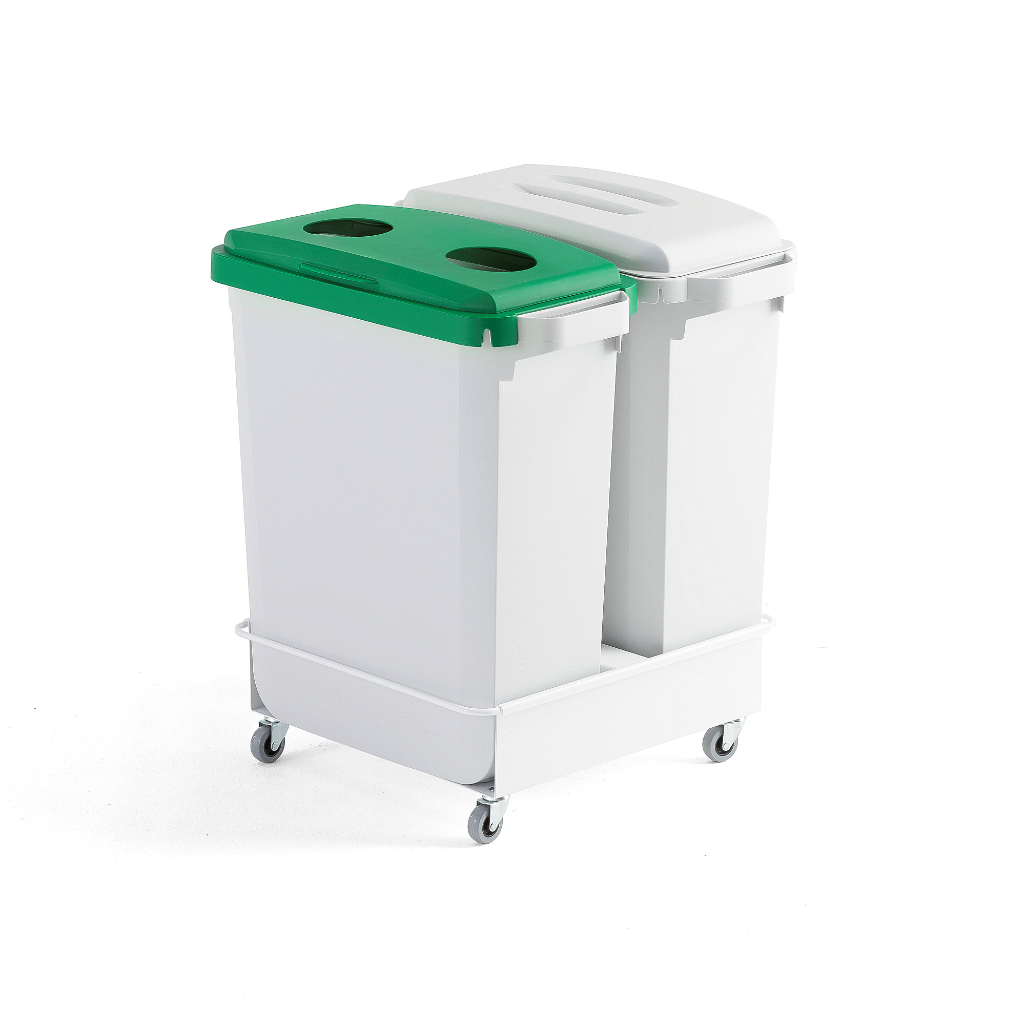 E-shop Odpadkové koše na triedenie odpadu, 2 x 60 L (biela a zelená) + vozík