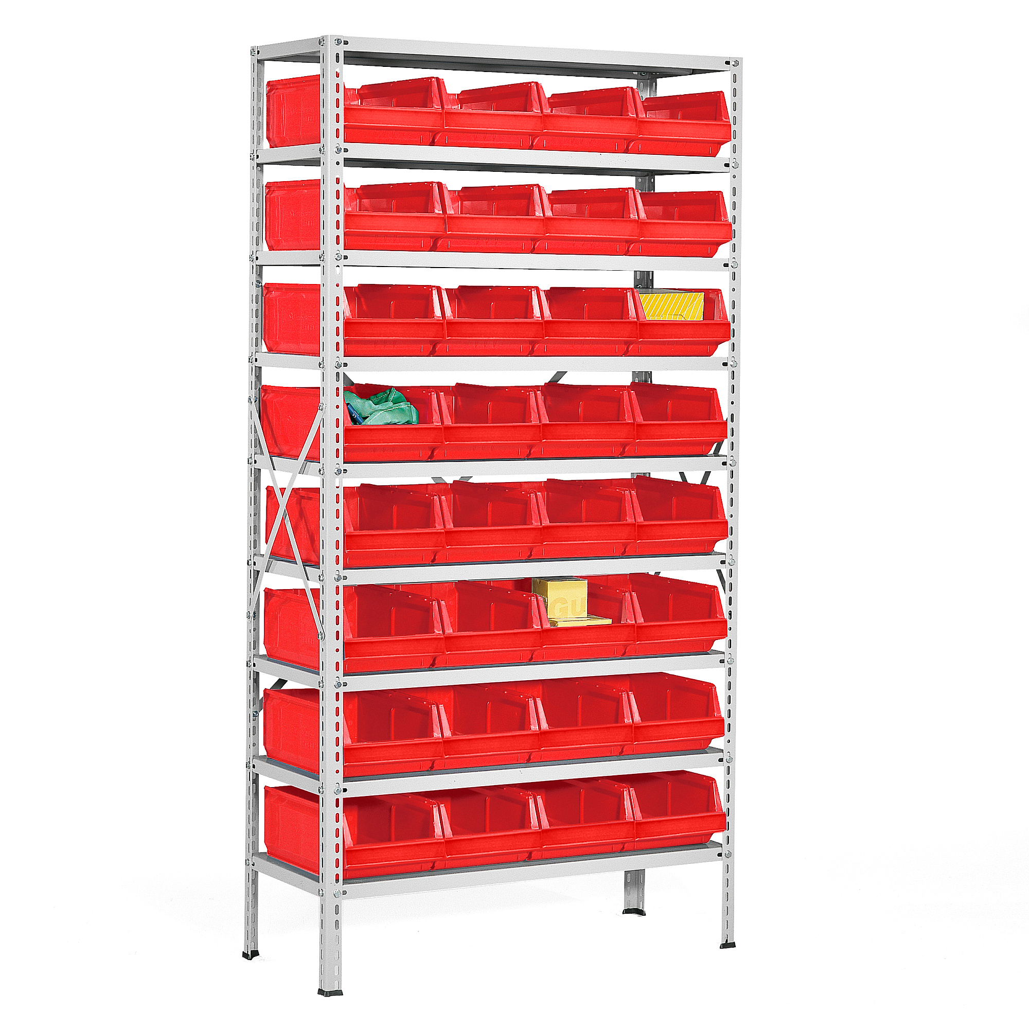 Regál plastové boxy Power, 32 červených boxov, 1970x1000x400 mm