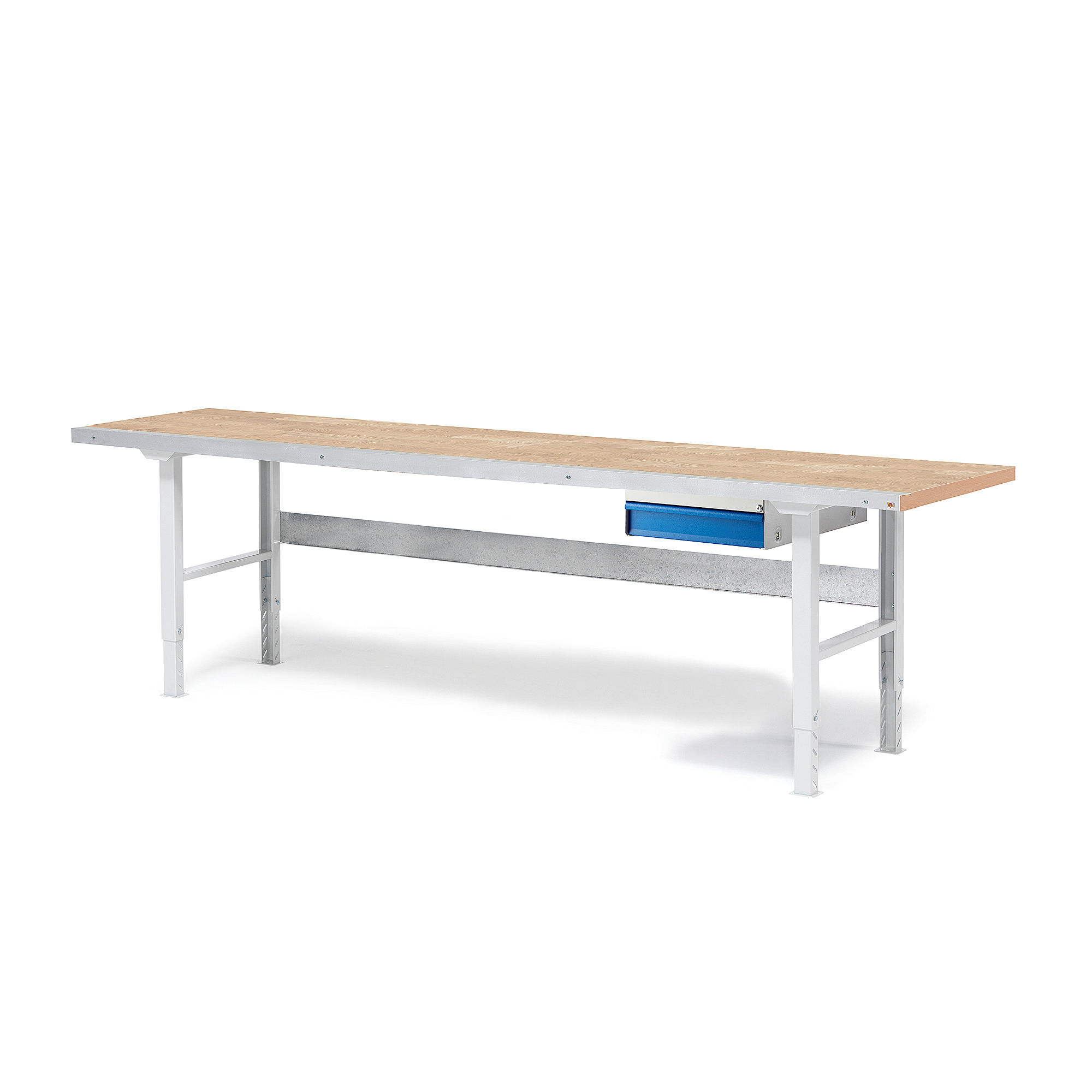 Levně Dílenský stůl SOLID, 2500x800 mm, nosnost 750 kg, 1 zásuvka, dubový povrch