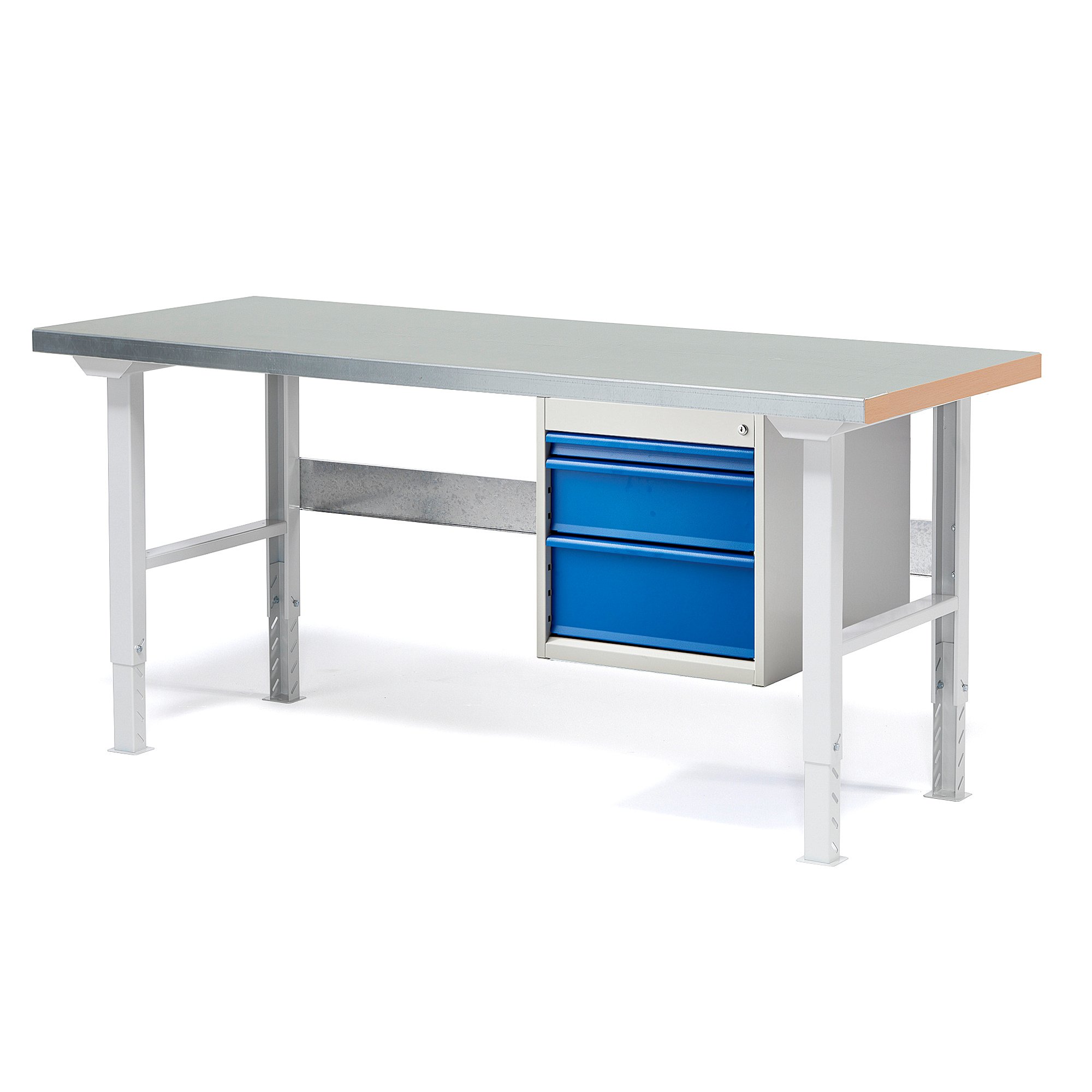 Dílenský stůl SOLID, 1500x800 mm, nosnost 750 kg, 3 zásuvky, ocelový povrch
