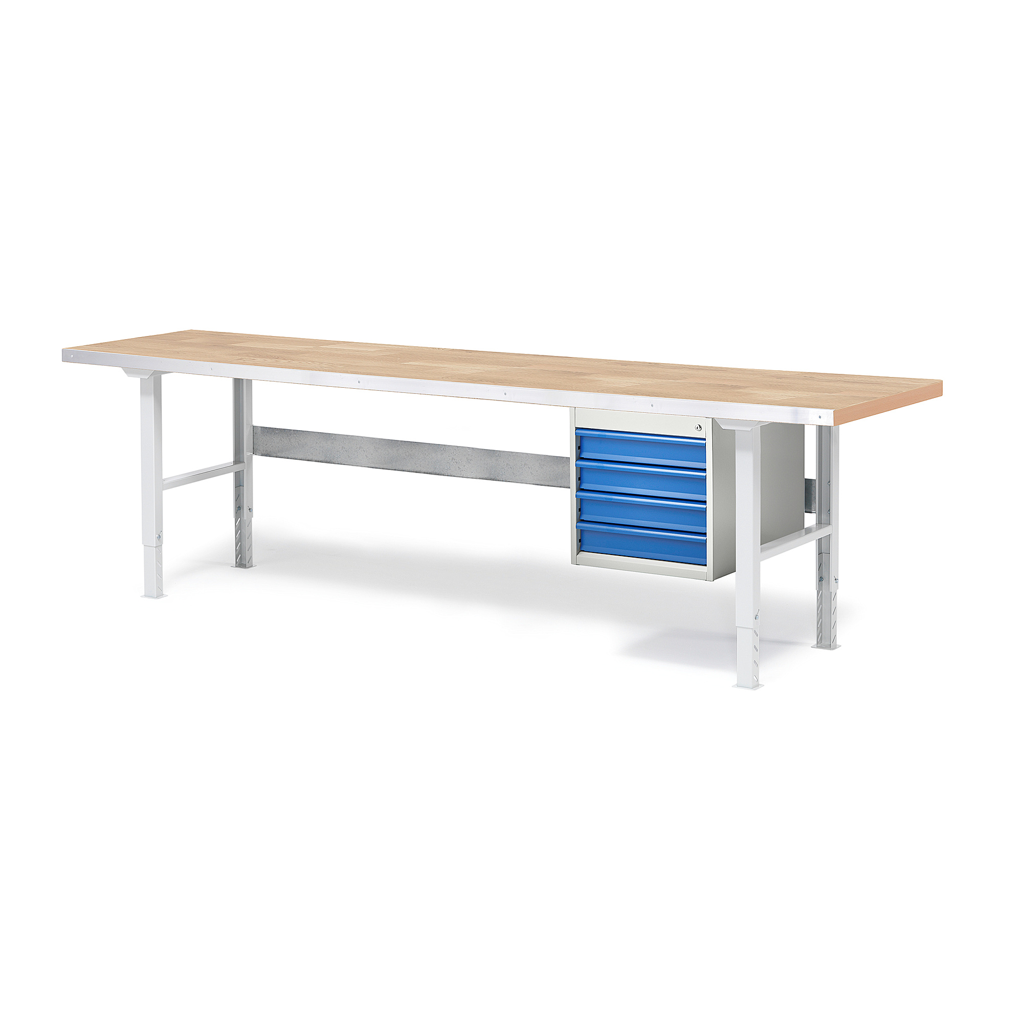 Dílenský stůl SOLID, 2500x800 mm, nosnost 750 kg, 4 zásuvky, dubový povrch