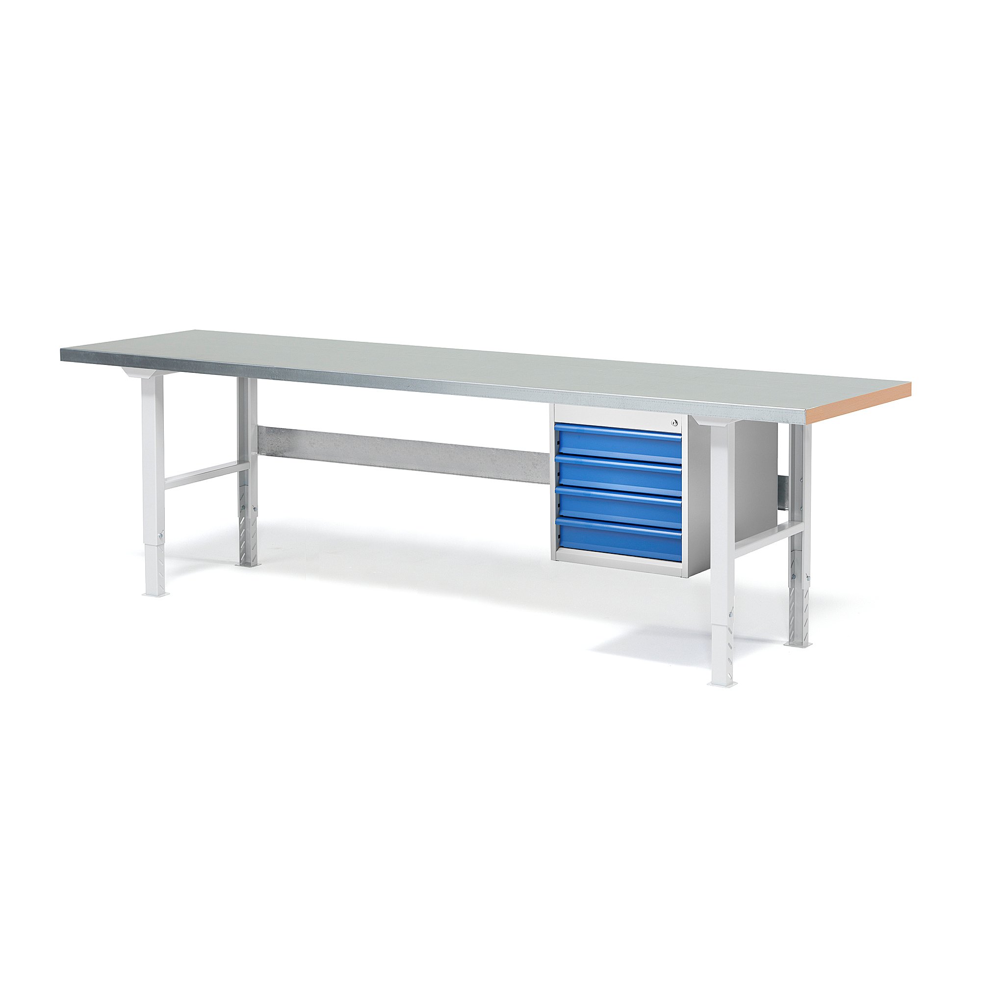 Dílenský stůl SOLID, 2500x800 mm, nosnost 750 kg, 4 zásuvky, ocelový povrch