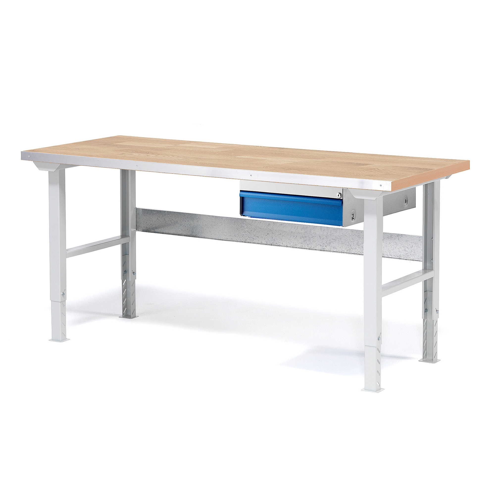 Dílenský stůl SOLID, 1500x800 mm, nosnost 750 kg, 1 zásuvka, dubový povrch